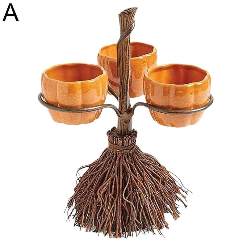 Broom Pumpkin Snack Bowl Rack Halloween Decoration