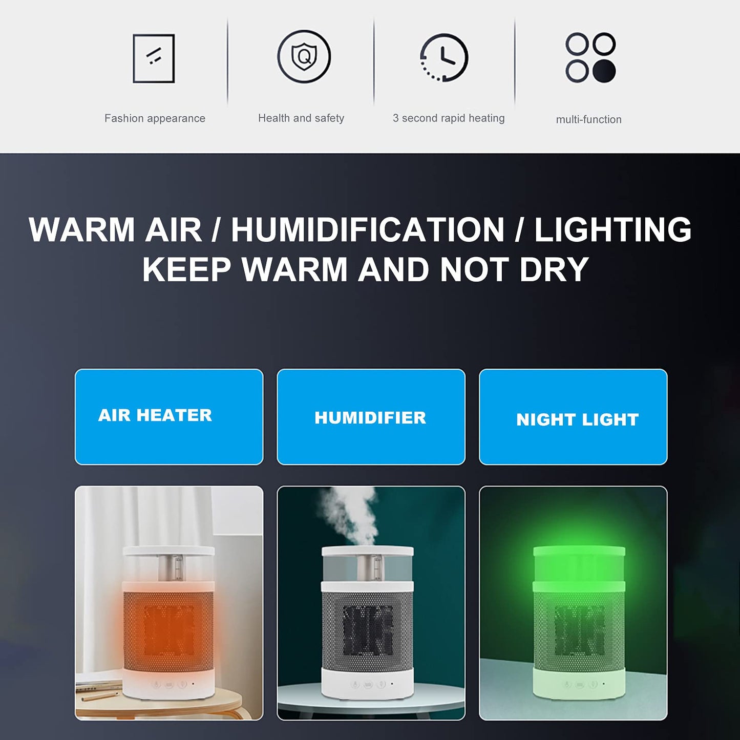 3 In 1 Colorful Night Light Fast Heating Electric Warmer 400ML Air Humidifier