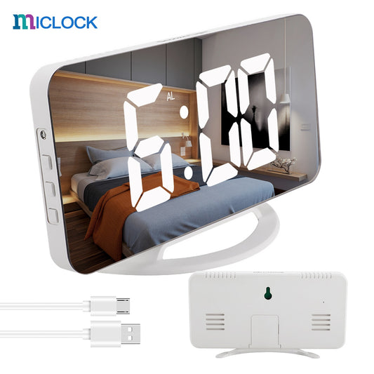 7" Large LED Mirror Electronic with Touch Snooze Dual USB Charge Desk Wall Modern Clock
