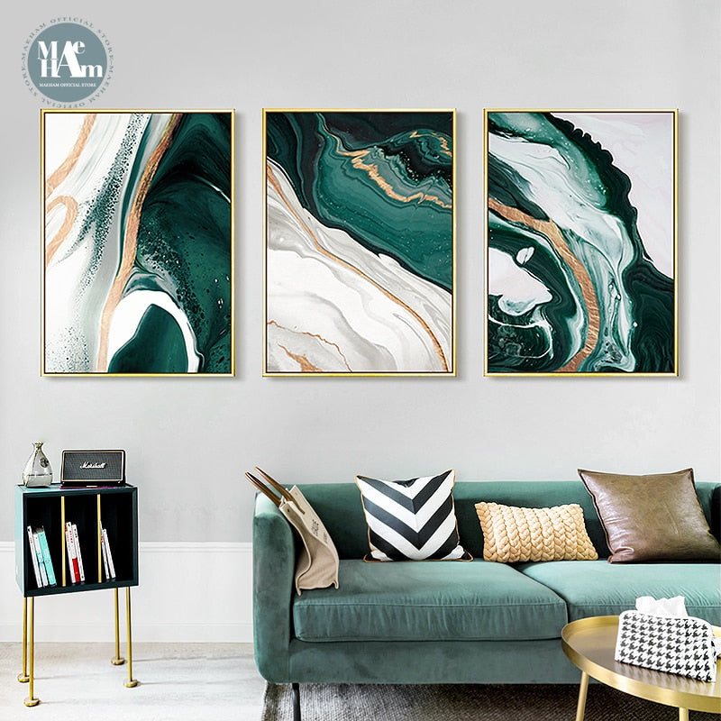 Modern Abstract Gold Green Canvas Art Paintings For Living Room
