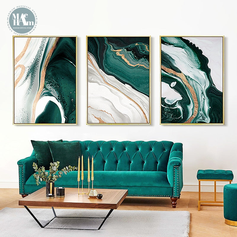 Modern Abstract Gold Green Canvas Art Paintings For Living Room